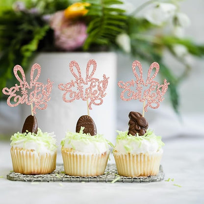 Ephlyn 24Pcs Rose Gold Glitter Easter Rabbit Ear Cupcake Picks Decorations for Happy Easter Day Theme Baby Shower Kids Birthday Party Supplies