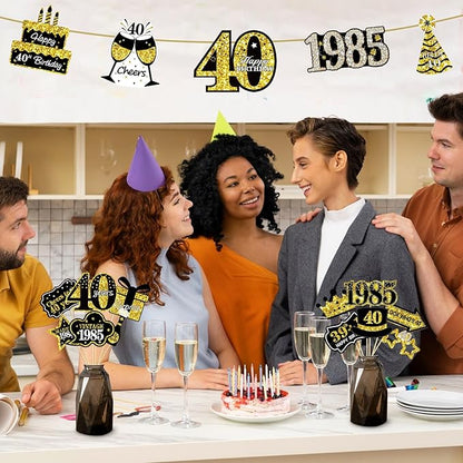 30Pcs 40th Birthday Decoration Photo Booth Props for Men Women, Funny Black Gold Vintage 1985 40th Birthday Props Kit with Sticks Party Supplies, Cheers to 40 Bday Photo Props Sign Decor