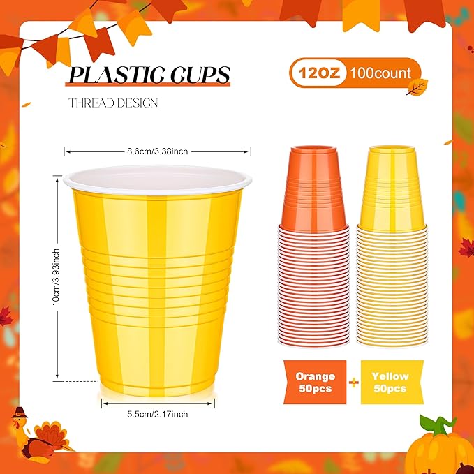 KesaPlan 100 PCS 12 OZ Thanksgiving Plastic Party Cups, Diaposable Yellow & Orange Cups, Fall Drinking Cup Bulk for Thanksgiving Easter Halloween Wedding Birthday Graduation Gathering Celebrations