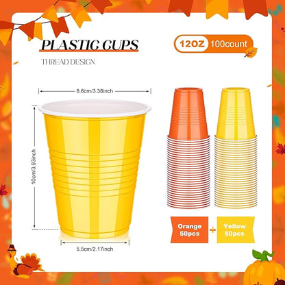 KesaPlan 100 PCS 12 OZ Thanksgiving Plastic Party Cups, Diaposable Yellow & Orange Cups, Fall Drinking Cup Bulk for Thanksgiving Easter Halloween Wedding Birthday Graduation Gathering Celebrations