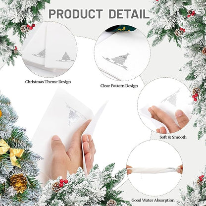 100PCS Christmas Paper Napkins - Silver Christmas Tree Napkin with Built-in Flatware Pocket Prefolded Cloth-Like - Heavy-duty Linen-Feel Dinner Napkins Disposable for Xmas Tableware Decor