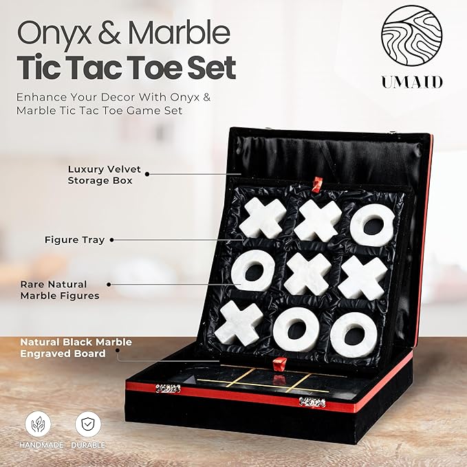 UMAID Luxury Marble Tic Tac Toe Game, Handcrafted 10" Onyx Board in Velvet Box, Solid Marble Set, Each Piece is Unique, Elegant Coffee Table or Office Decor, Unique Gift for Men, Women, Game Lovers