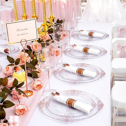50Guests Pre Rolled Rose Gold Plastic Silverware Sets - Heavy Duty Rose Gold Cutlery - Include 50 Pack Wrapped Disposable Utensils with Napkins for Parties, Dinners & Weddings
