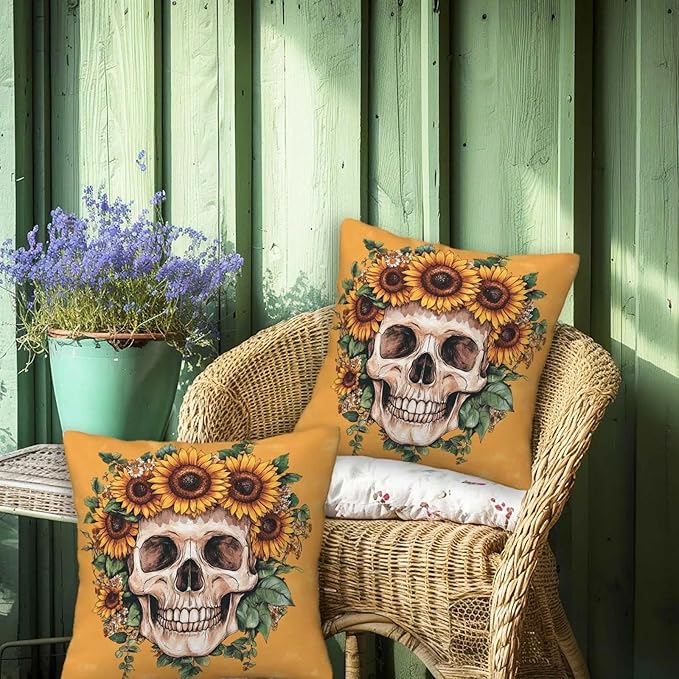Sugar Skull Throw Pillow Covers 18x18 Set of 2 | Decorative Cushion Cases for Couch, Sofa and Bedroom | Day of The Dead Gifts for Women | Modern Mexican Pillowcases for Home Decor