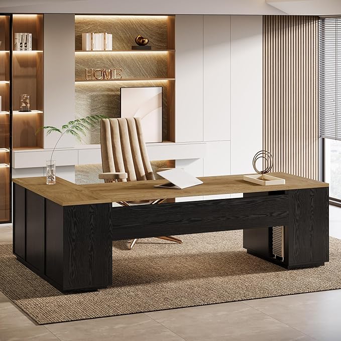 Tribesigns 85.8-Inch L-Shaped Executive Office Desk with File Drawers & Storage Cabinet, Professional Corner Computer Desk Extra Large Business Workstation with Adjustable Shelves (Light Brown&Black)