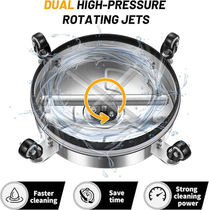 14" Pressure Washer Surface Cleaner with 4 Wheels - Stainless Steel Surface Cleaner for Pressure Washer Attachment for Concrete, Patio, Sidewalk, Deck and Driveways - PWS14