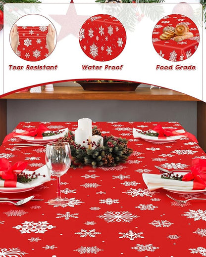 4 PACK Christmas Tablecloths, 54" x 108" Holiday Party Decor, Snowflakes Tablecloth Xmas Plastic Tablecloth Disposable Table Cloth Rectangle Tablecover, Christmas Decorations Holiday Party Supplies
