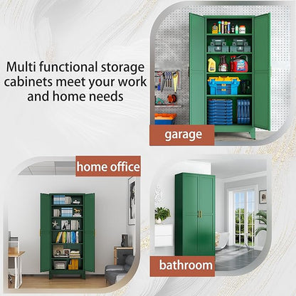 Kitchen Pantry Storage Cabinet with Doors and Adjustable Shelves, Metal ClosetMaid Food Pantry Cabinets, 75" Tall Freestanding Cupboard for Kitchen, Laundry or Utility Room, Green