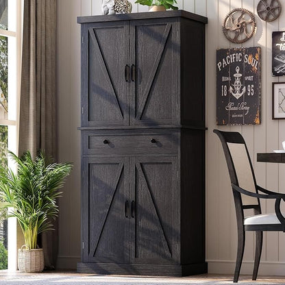 72" Tall Kitchen Pantry Cabinet, Black Pantry Storage Cabinet with Adjustable Shelves, Barn Doors and Drawer, Farmhouse Cupboard for Kitchen, Dining Room, Bathroom (16" D x 30" W x 72" H)