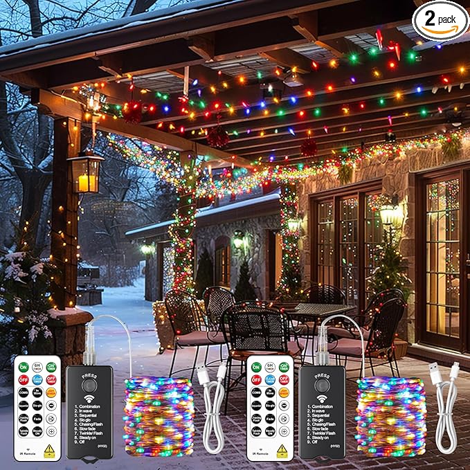 HXWEIYE Rechargeable Fairy Lights with Remote, 2 Pack 33ft 100LED Twinkle Lights with DIY Timer & Light Sensor, Waterproof Outdoor String Lights for Bedroom Patio Christmas Tree Decor, Multicolor