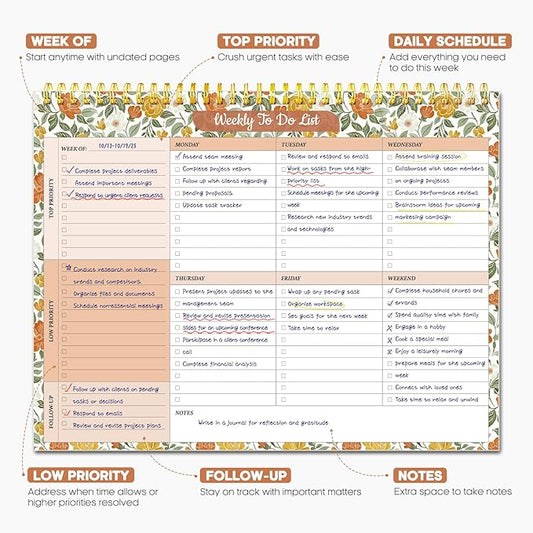 Taja Weekly To Do List Notepad with 52 Undated Sheets（8.5"×11"）- Weekly Desk Planner for Women & Man, Work and Home - 1 Pack Sunshine Field