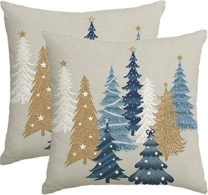 Christmas Pillow Covers 18x18 Inch Set of 2 Blue Decorative Christmas Tree Throw Pillows Linen Winter Holiday Decor for Home Sofa Couch Bed Chair