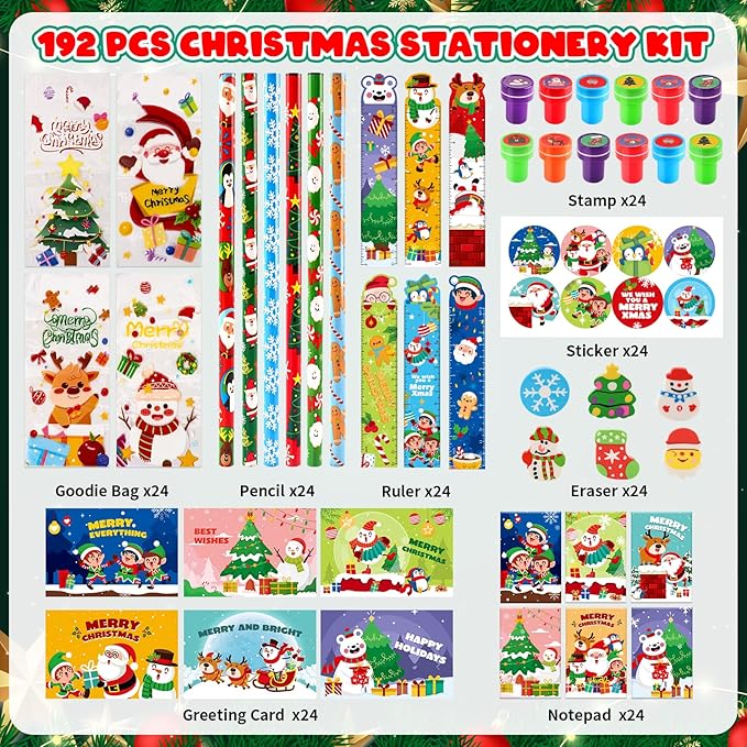 Shemira Classroom Gifts for Students, 192PCS Christmas' School Stationery Set, Christmas Party Favors, Assorted Goodie Bag Stocking Stuffers, Xmas Gifts Toys Reward Prizes for Kids