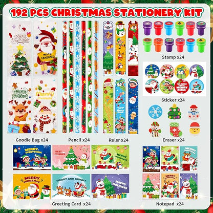 Shemira Classroom Gifts for Students, 192PCS Christmas' School Stationery Set, Christmas Party Favors, Assorted Goodie Bag Stocking Stuffers, Xmas Gifts Toys Reward Prizes for Kids
