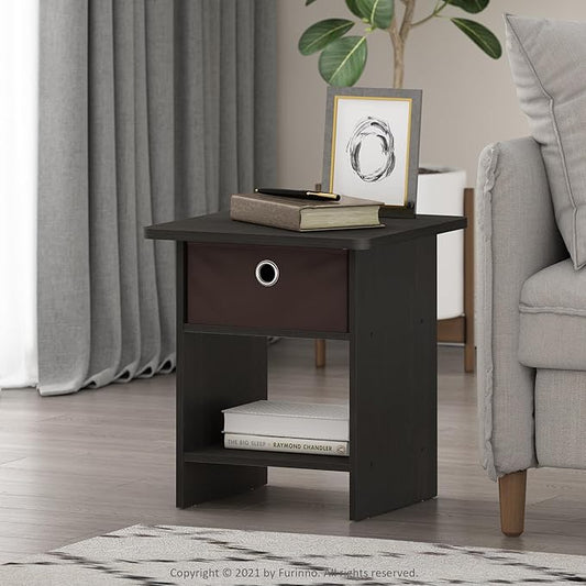 Furinno DARIO Side Table, Square End Table with Storage Bin, Round Corner Night Stand, Bedside Table with Open Back Shelf, for Living Room, Bedroom, Espresso