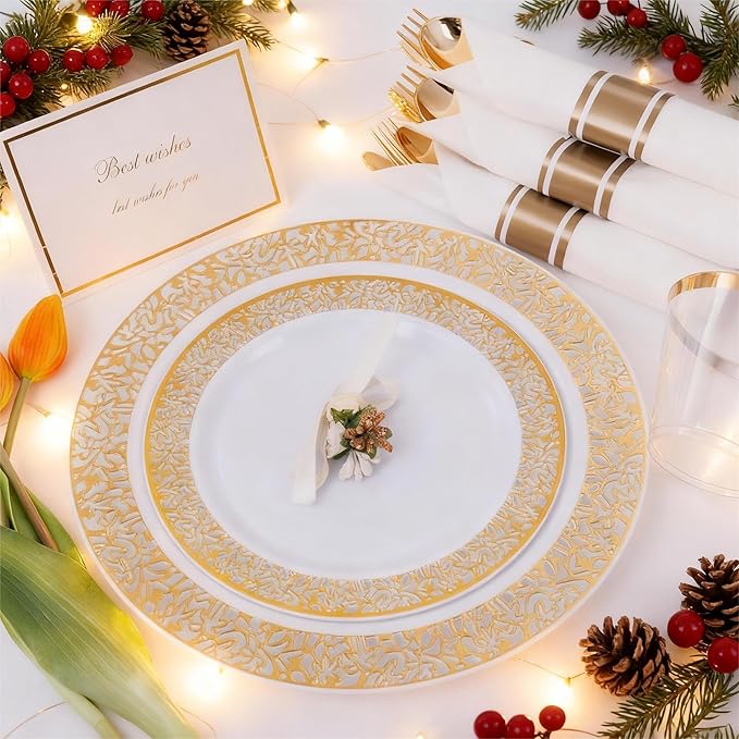 WELLIFE 175Pcs Gold Dinnerware Sets, Include:25 Dinner Plates, 25 Dessert Plates, 25 Paper Napkins, 25 Cups, 25 Plastic Cutlery Set