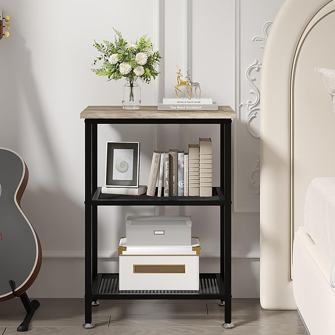 VECELO Tall End Side Tables, 30" Height Nightstand with 3-Tier Storage Shelf for Bedroom Living Room, Easy Assembly,Industrial Style, Grey
