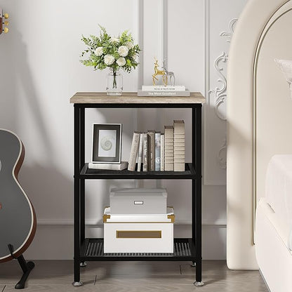 VECELO Tall End Side Tables, 30" Height Nightstand with 3-Tier Storage Shelf for Bedroom Living Room, Easy Assembly,Industrial Style, Grey