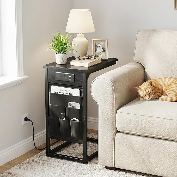 AMHANCIBLE C Shaped End Table with Charging Station, TV Tray Set of 2, Couch Tables with Storage Bag, Slide Under Sofa Side Table with USB Ports and Outlets for Living Room, Black, HET04CBK