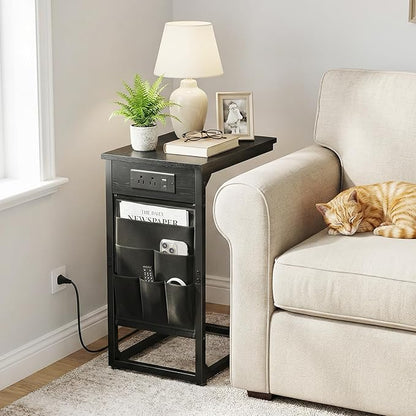 AMHANCIBLE C Shaped End Table with Charging Station, TV Tray Set of 2, Couch Tables with Storage Bag, Slide Under Sofa Side Table with USB Ports and Outlets for Living Room, Black, HET04CBK