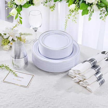 DaYammi 350PCS Silver Plastic Dinnerware Set for 50 Guests, Fancy Disposable Plates for Christmas, Include: 50 Dinner Plates, 50 Dessert Plates, 50 Pre Rolled Napkins with Silver Silverware, 50 Cups