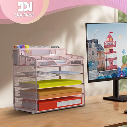 Docnest 5 Tier Mesh Desk Organizer for Paper Office Supplies – Multi-Functional Letter Tray with 5 Adjustable Compartments, 3 Pen Holders, Desktop Storage for Files, Mail, Stationery – Pink