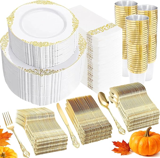 YOUBET 700PCS Gold Plastic Dinnerware Set - White and Gold Disposable Plates for 100 Guest - 200 Disposable Plates, 300 Heavy Duty Plastic Silverware, 100 Cups,100 Napkins for Wedding Thanksgiving