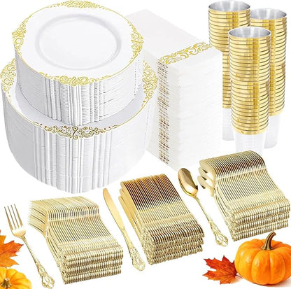 YOUBET 700PCS Gold Plastic Dinnerware Set - White and Gold Disposable Plates for 100 Guest - 200 Disposable Plates, 300 Heavy Duty Plastic Silverware, 100 Cups,100 Napkins for Wedding Thanksgiving