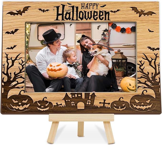 Halloween Picture Frame, 4×6 Pumpkin Wooden Photo Frame for Home Decor Tabletop Display, Spooky Haunted House Gifts for Family Friends - A05
