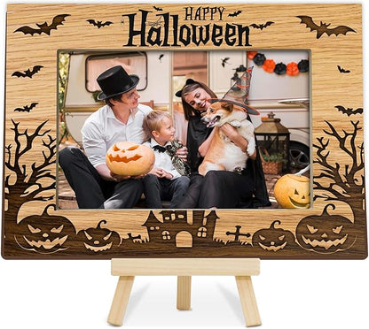 Halloween Picture Frame, 4×6 Pumpkin Wooden Photo Frame for Home Decor Tabletop Display, Spooky Haunted House Gifts for Family Friends - A05