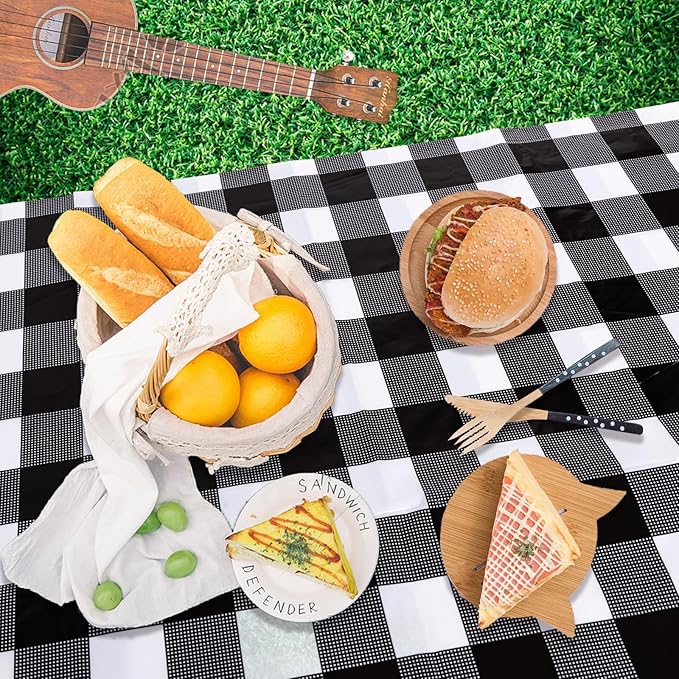 Kesfey 3 Packs Black Gingham Tablecloths 54 x 108 inch Black and White Checkered Tablecloth Disposable Plastic Plaid Picnic Tablecover Waterproof Fall Checkered Table Cloth for Camping Halloween Party