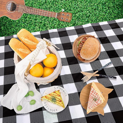Kesfey 3 Packs Black Gingham Tablecloths 54 x 108 inch Black and White Checkered Tablecloth Disposable Plastic Plaid Picnic Tablecover Waterproof Fall Checkered Table Cloth for Camping Halloween Party