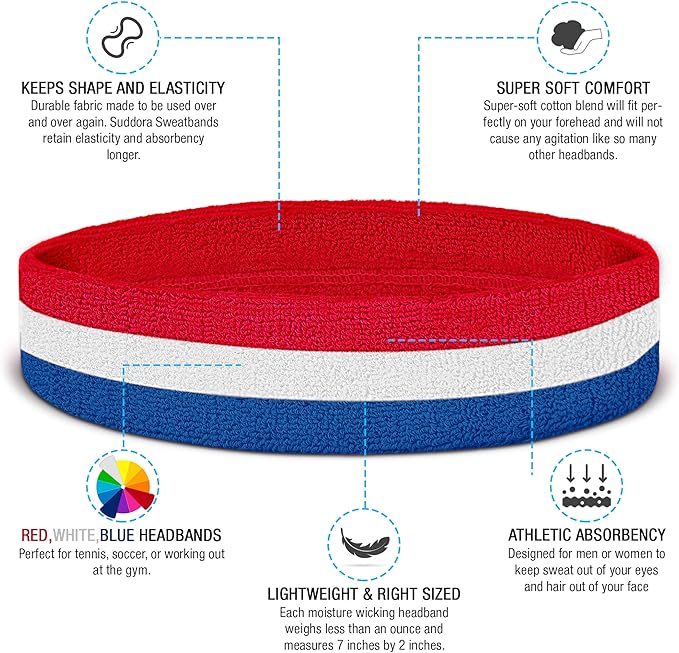 Suddora Workout Headband for Men and Women, Moisture-Wicking Athletic Sweatband, Lightweight Cotton Terry Cloth Bands for Basketball, Tennis, Football, Gym, Running, Cosplay & Costumes