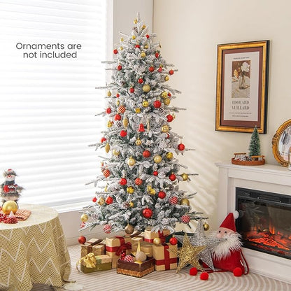 GOFLAME 6FT Pre-Lit Christmas Tree Snow Flocked, Hinged Artificial Xmas Tree with 715 Branch Tips, 36 Natural Pine Cones & 210 Warm White Incandescent Lights, Holiday Decoration Tree for Home Office
