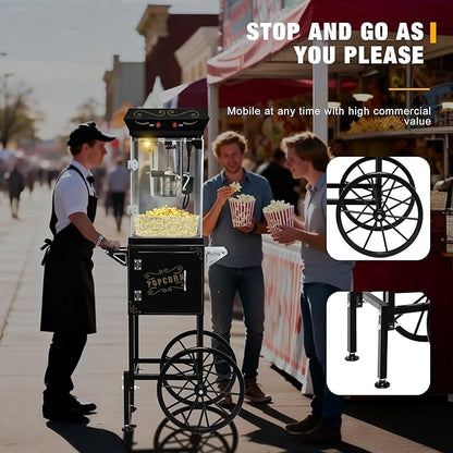 Movie Theater Popcorn Maker Machine, Professional with 8oz Kettle & Cart Makes 32 Cups, Vintage Style on Wheels for Home & Commercial Use, Includes shovel & spoon, Black