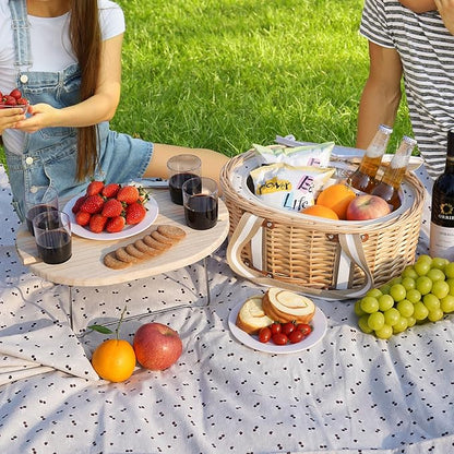 Picnic Basket Set for 4 - Wicker Insulated Picnic Basket with Folding Wine Table, Wine Picnic Kit with Liner for Couples, Camping, Outdoor, Valentine (Cherry)