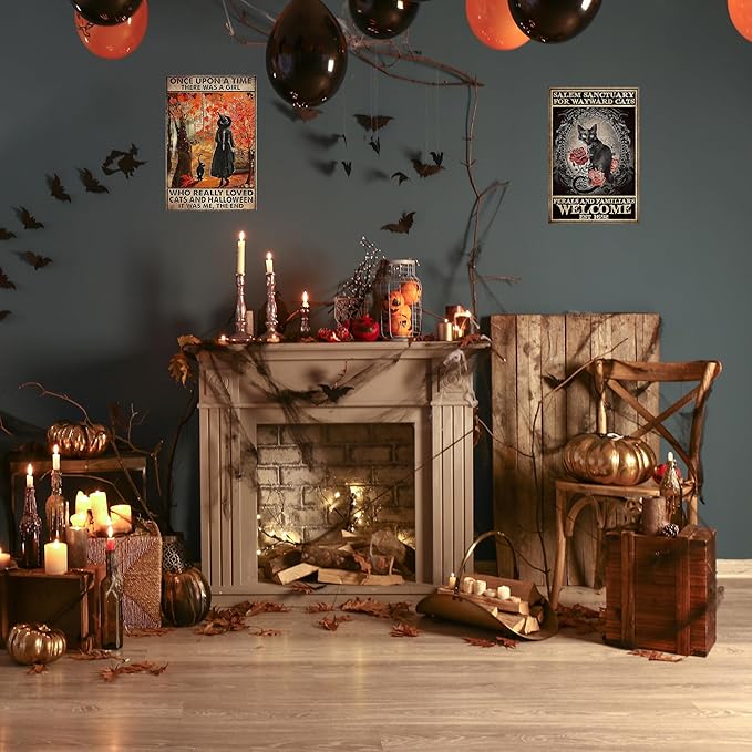 PAIION Black Witch Cat Sign Once Upon A Time There was A Girl Who Really Loved Cats Halloween Vintage Metal Signs Bathroom Bedroom Wall Decoration Man Cave 8x12 inches