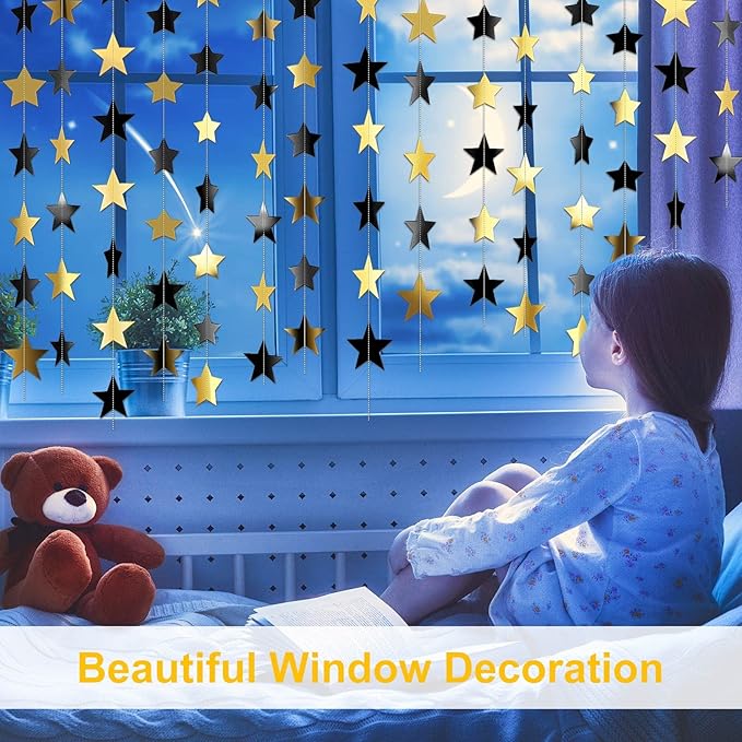 Patelai Glitter Star Garland Banner Christmas Decor 130 Feet Star Hanging Bunting Banner Twinkle Backdrop for Homecoming Classroom Wedding Birthday Halloween Party Supplies(Black, Gold)