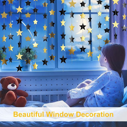 Patelai Glitter Star Garland Banner Christmas Decor 130 Feet Star Hanging Bunting Banner Twinkle Backdrop for Homecoming Classroom Wedding Birthday Halloween Party Supplies(Black, Gold)