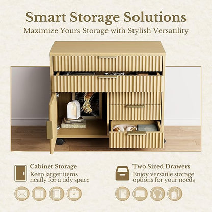 Fluted File Cabinet with 5 Drawers, Large Storage with Cabinet Door, Mobile Filing Cabinet with Locable Wheels for Home Office, Light Walnut