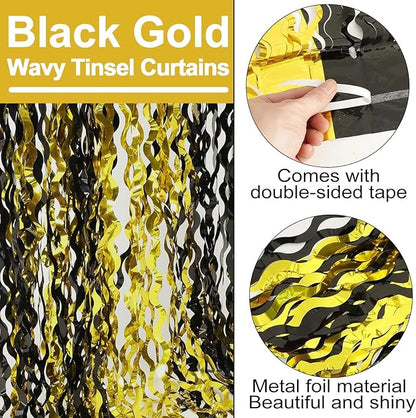 4 Pack Black Gold Fringe Curtain Backdrop 3.2Ft x 8.2Ft Metallic Tinsel Foil Fringe Streamers Background for Photo Booth Mother's Day, Easter, Carnival, Birthday, Wedding Party Decoration