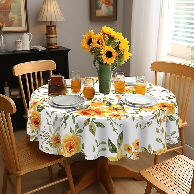 Eikione Summer Leaf Round Tablecloth 70inch,Tablecloth Waterproof and Wrinkle-Free, Red Flower Rustic Table Covers, Summer Decorations for Home