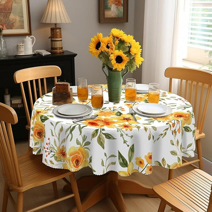 Eikione Summer Leaf Round Tablecloth 70inch,Tablecloth Waterproof and Wrinkle-Free, Red Flower Rustic Table Covers, Summer Decorations for Home
