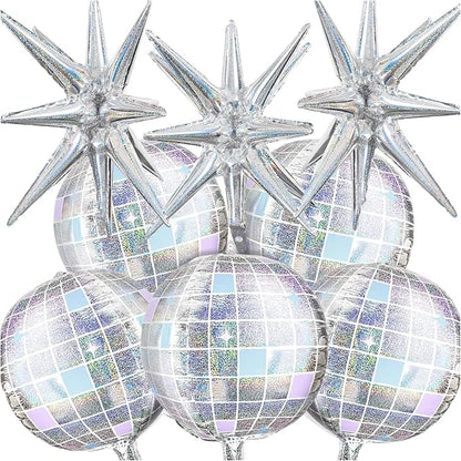OuMuaMua Disco Ball Balloons for 70s 80s Disco Party Decorations, 22 Inch Large 4D Iridescent Disco Metallic Balloons with Stars for Disco Themed Party, Birthday New Year Bachelorette Decor, 8pcs