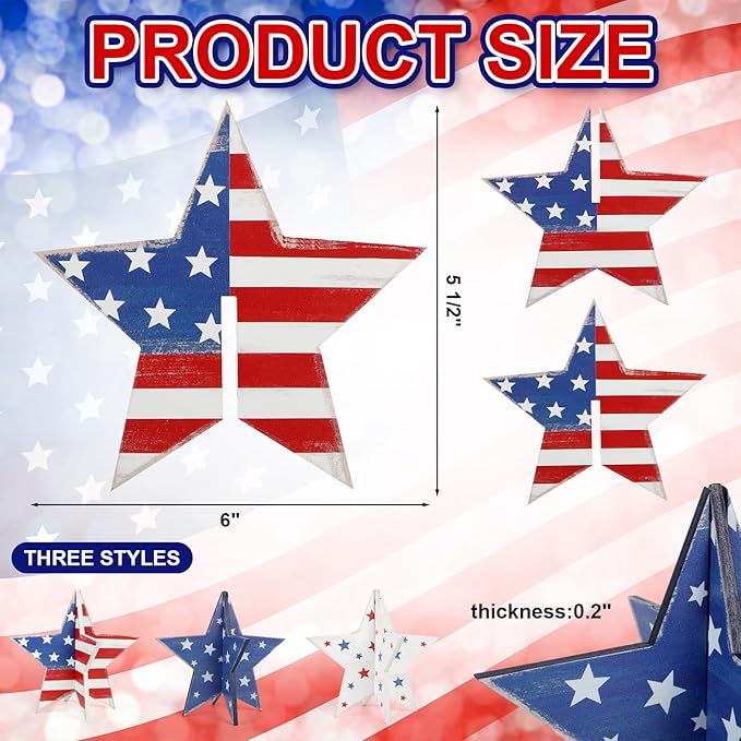COCHIE 6 Inch Labor Day Decorations Wooden Stars Set, Vintage 3D Star Memorial Day Tiered Tray Decor, 4th of July Red White Blue Patriotic Decoration for Home Table Desk Door Shelf (Flag Retro)