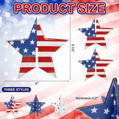 COCHIE 6 Inch Labor Day Decorations Wooden Stars Set, Vintage 3D Star Memorial Day Tiered Tray Decor, 4th of July Red White Blue Patriotic Decoration for Home Table Desk Door Shelf (Flag Retro)