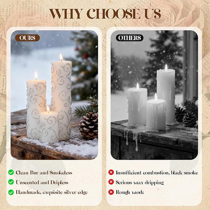 6-Pack Elegant Pillar Candles with Embossed Silver Patterns for Home Decor & Cozy Ambiance, Vintage White Candles (2x3/6/8 Inch), Dripless Smokeless Clean-Burning for Table, Mantel, Holidays