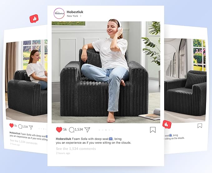 Hobestluk Single Sofa Foam Couch Sofa for Small Spaces Comfy Sofas with Removable Cover Furry Couch with Pillows for Living Room, Bedroom, Apartment, Office (Black, Standard)