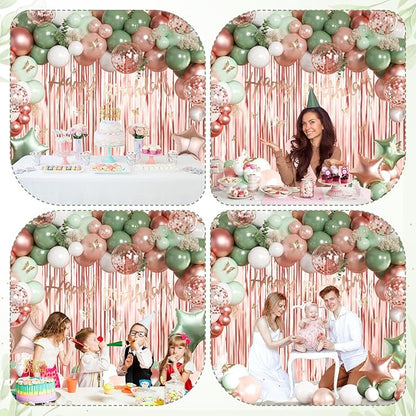 Sage Green and Rose Gold Birthday Party Decorations with Happy Birthday Banner, Green White Rose Gold Foil Balloons, Sash, Fringe Curtain, Cake Topper, Butterfly for Women Girls Party Supplies