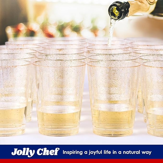 JOLLY CHEF 100 Pack 10 oz Gold Plastic Cups, Disposable Gold Glitter Cups, Clear Plastic Tumblers Perfect for Weddings, Christmas & Parties